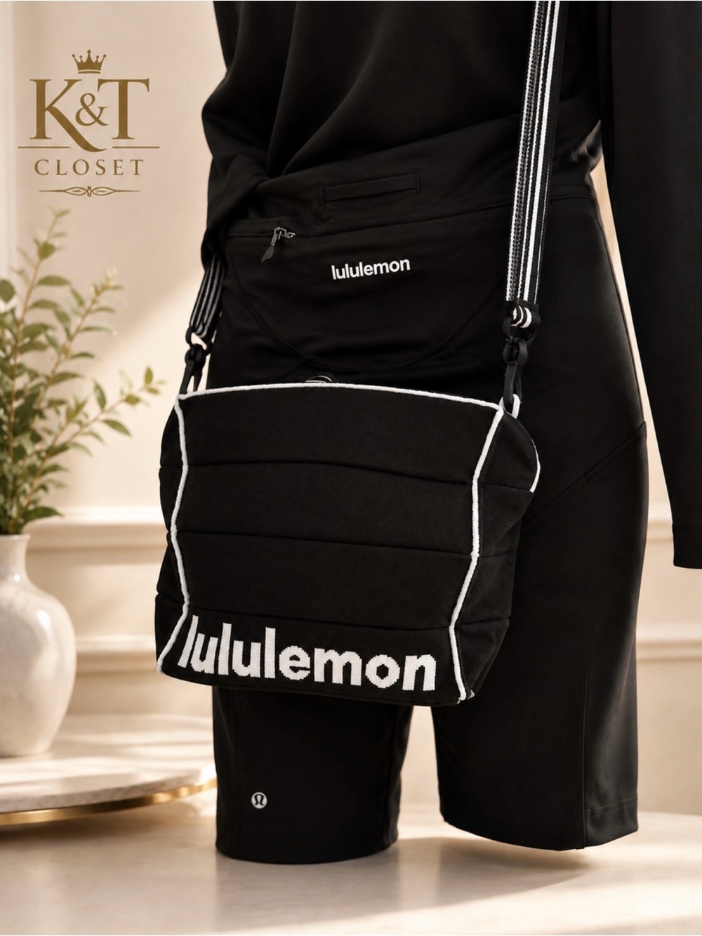 lululemon athletica Black Quilted Crossbody with White Trim and Logo